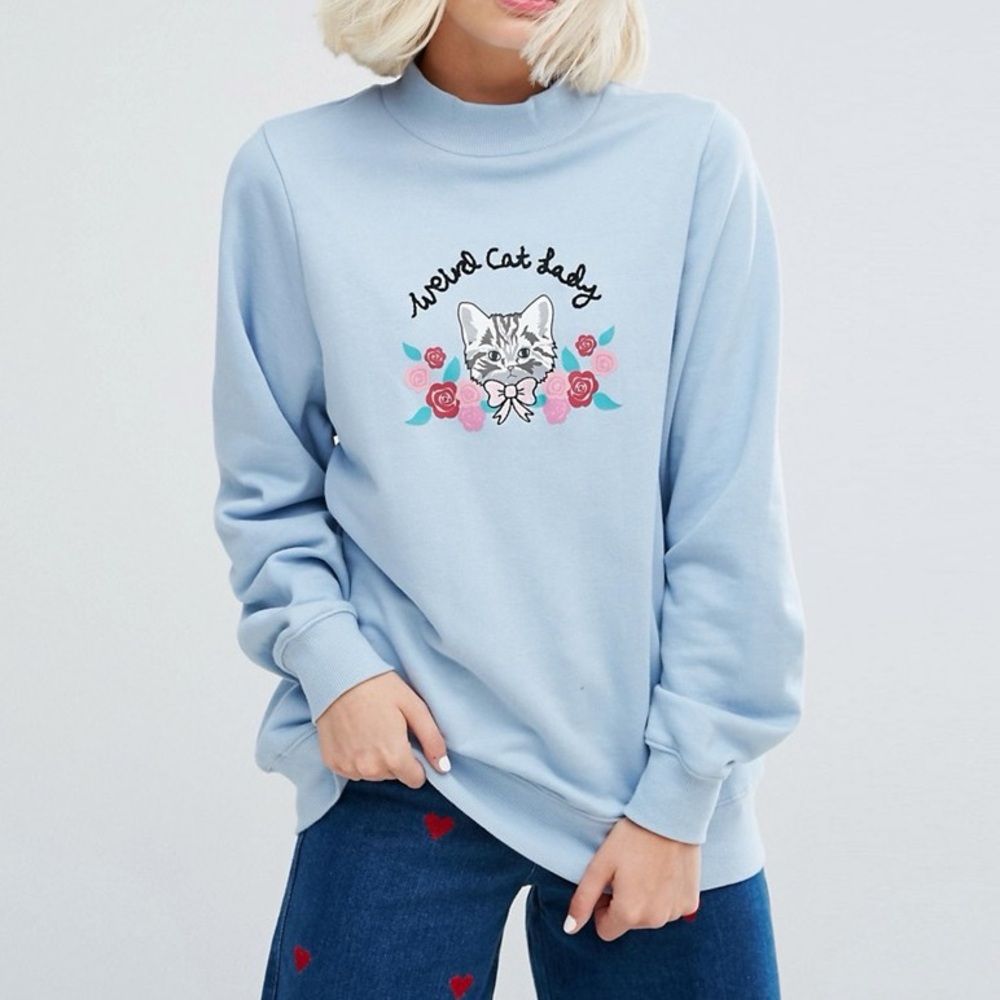 Lazy Oaf Blue "Weird Cat Lady" mock neck sweatshirt